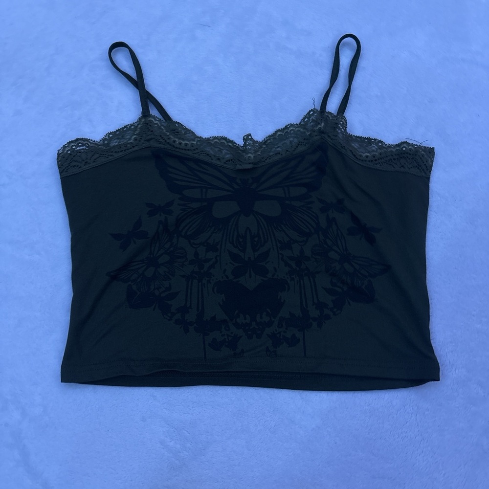 Black Lace Trim Cami Top with Butterfly Design